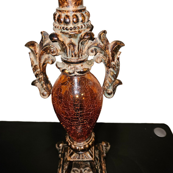 VTG Style Amber Glass & Resin Table Lamp Ornate Bronze Finish Base Crackle Glass - Picture 4 of 5